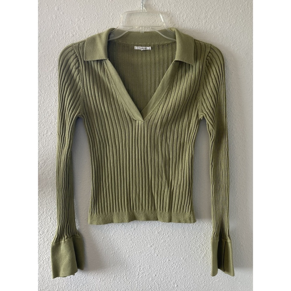 Tularosa Women's Top Sz S Green Long Sleeve Collared VNeck Ribbed Boho Y2K Style